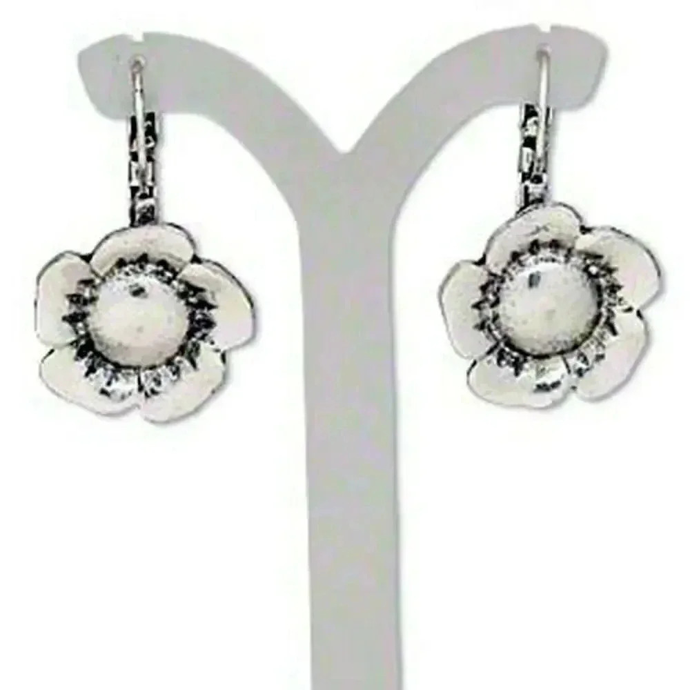 Antiqued Silver Pewter Hammered Look Metal Flower Leverback Dangle Earrings 34$